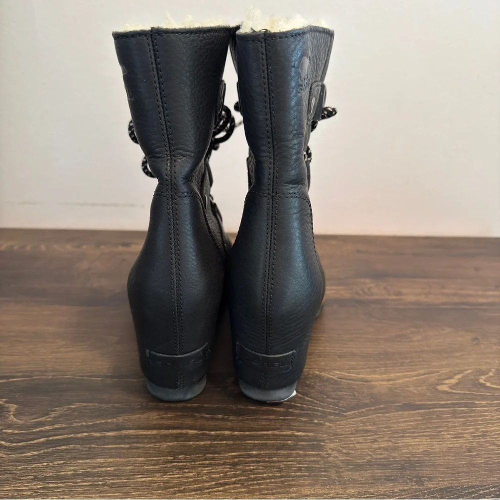 SOREL Boots Joan of Arctic Womens 7.5 Mid Wedge Shearling Black Snow Winter